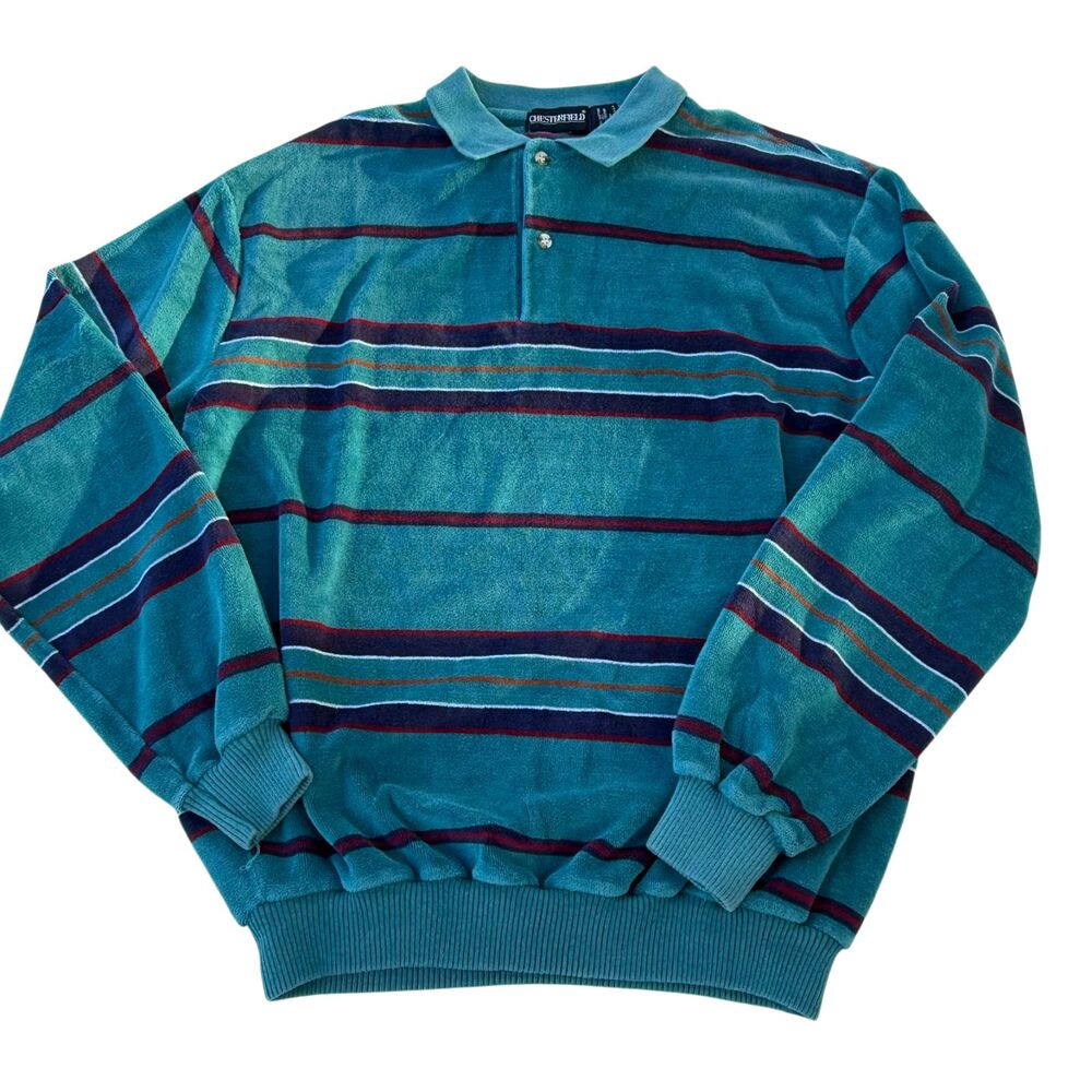 Vintage 1980's Chesterfield Terry Cloth Pullover Long Sleeve M USA Made Striped